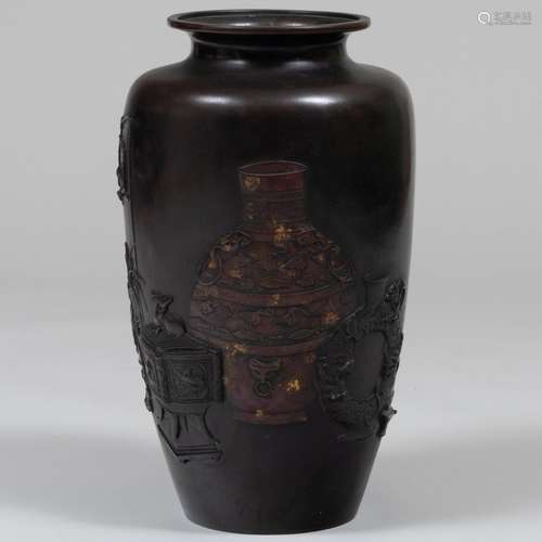 Large Japanese Bronze Vase Inlaid with Stationeries and Vase...