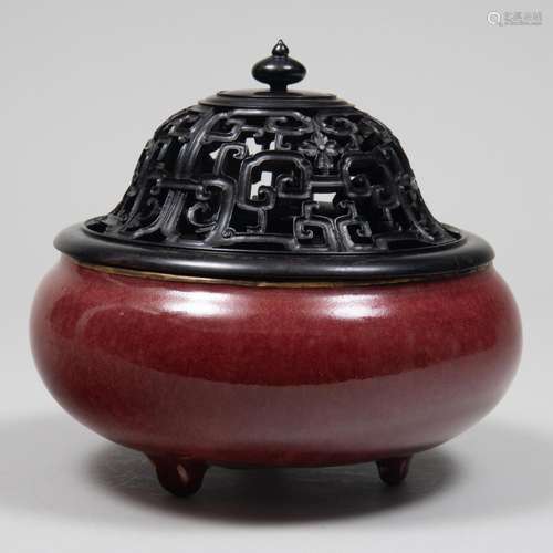 Chinese Copper Red Glazed Censor and a Carved Wood Cover