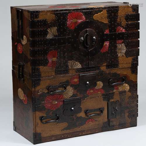 Japanese Metal-Mounted Lacquered and Hardwood Tansu