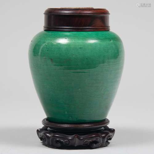 Chinese Green Glazed Porcelain Jar with a Jade Inset Wood Co...