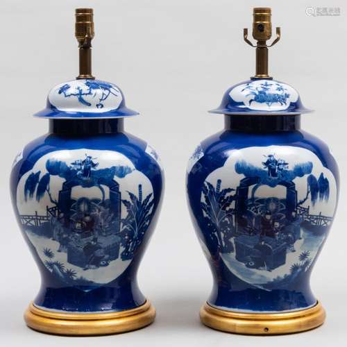 Pair of Chinese Blue and White Porcelain Vases and Covers Mo...