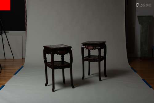 Pair of Chinese Carved Hardwood and Inset Marble Tables