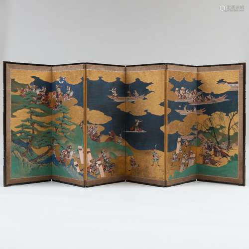 Japanese Six Panel Screen of Heike, Battle of Yashima