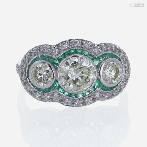 A Diamond, Emerald, and 18K White Gold Ring