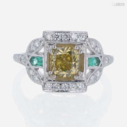 A Colored Diamond, Diamond, Emerald, and 18K White Gold Ring
