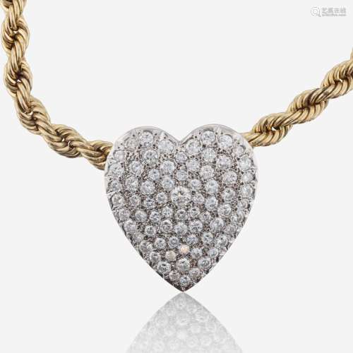 Diamond and 14K White Gold Pendant on Yellow Gold Rope Chain