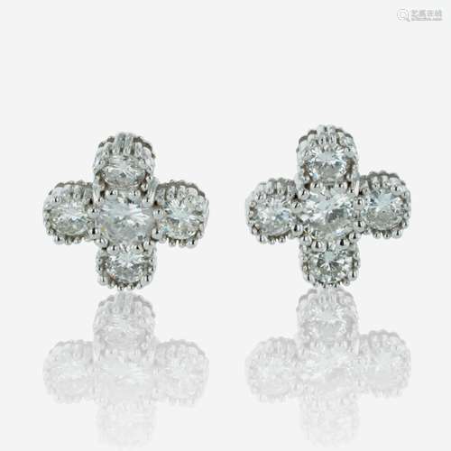 A Pair of Diamond and 14K White Gold Earrings