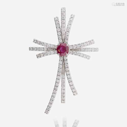 Ruby, Diamond, and 18K White Gold Cross Pendant