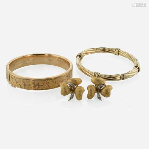 A Collection of Yellow Gold Bangles and Diamond and Gold Ear...