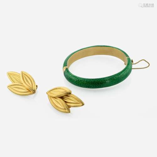 An 18K Yellow Gold and Enamel Bracelet and Ear Clips