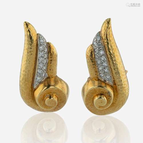 A Pair of Two-Tone 18K Gold and Diamond Earrings