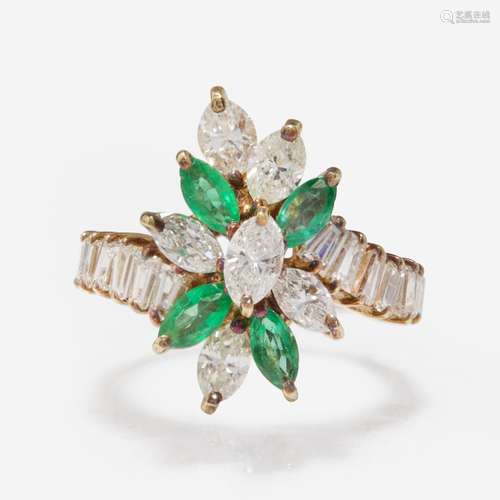 A 14K Yellow Gold, Emerald, and Diamond Ring