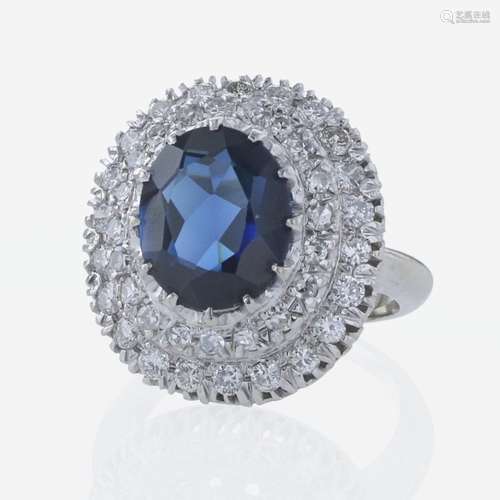 A 14K White Gold, Sapphire, and Diamond Ring