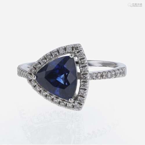 Sapphire, Diamond, and 18K White Gold Chow Tai Fook Ring