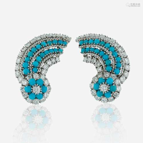 Pair of Platinum, Turquoise, and Diamond Earrings