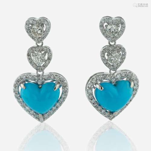 A Pair of Turquoise, Diamond, and 14K White Gold Earrings