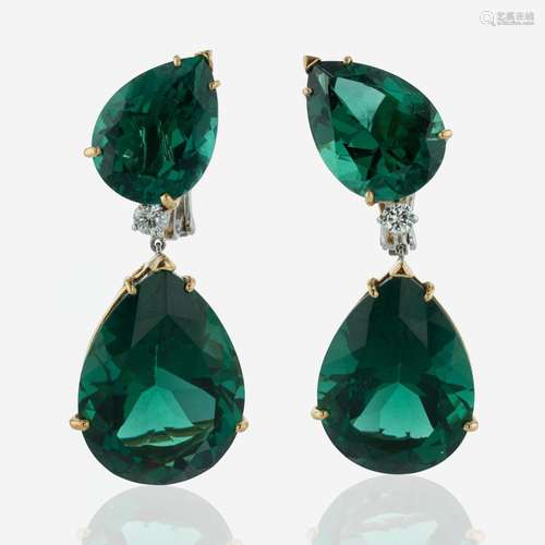 A Pair of 18K Gold, Green Quartz, and Diamond Earrings