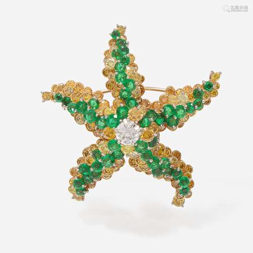 Diamond, Gemstone, and Yellow Gold Craig Drake Brooch