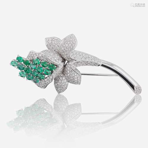 An Emerald, Diamond, and 18K White Gold Brooch