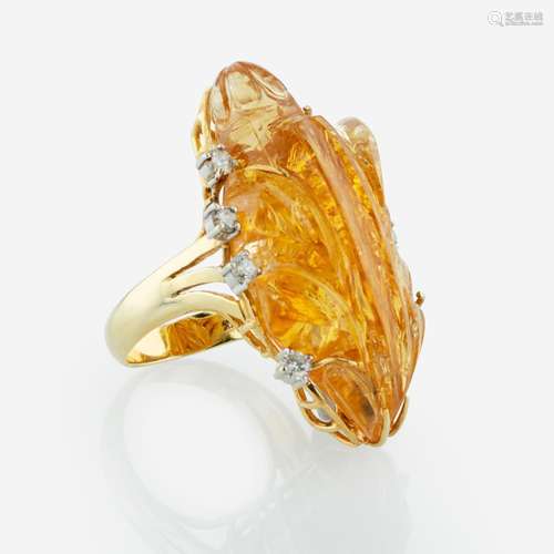 A 14K Yellow Gold, Citrine, and Diamond Ring