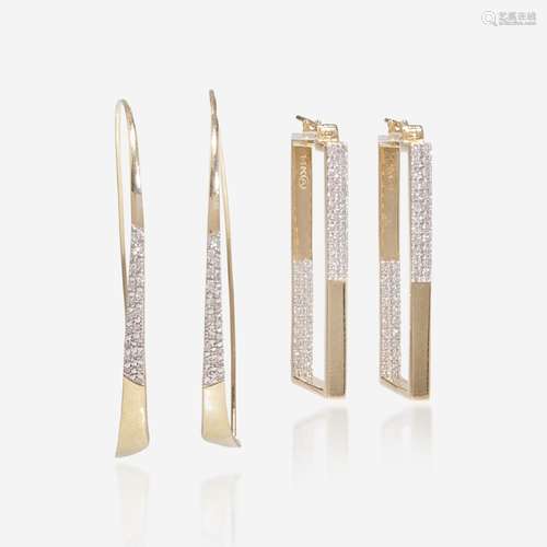 Two Sets of 14K Diamond Hoop Earrings