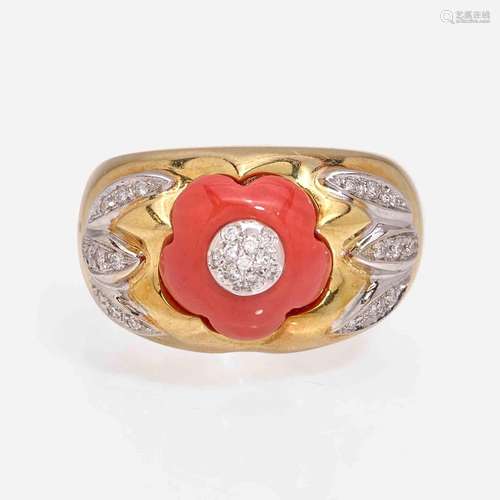 An 18K Gold, Coral, and Diamond Pendant and Ring