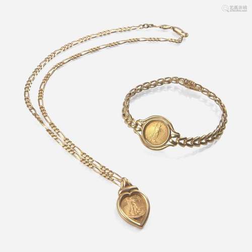 A Set of Yellow Gold Coin Bracelet and Necklace