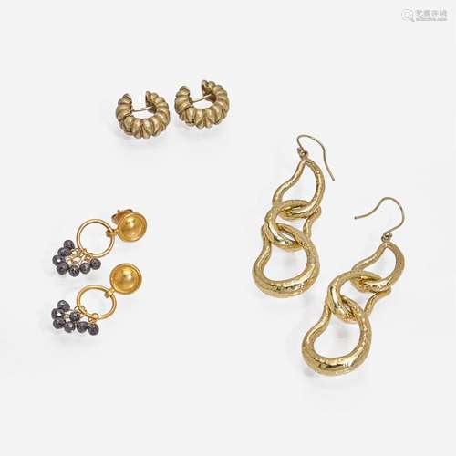 A Three-Piece Collection of Yellow Gold Earrings