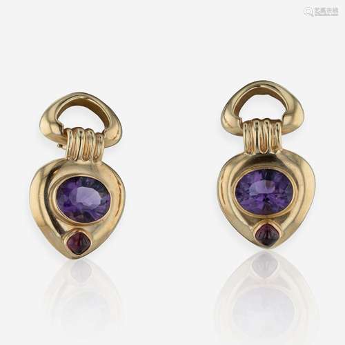 A Pair of 14K Yellow Gold and Amethyst Ear Clips