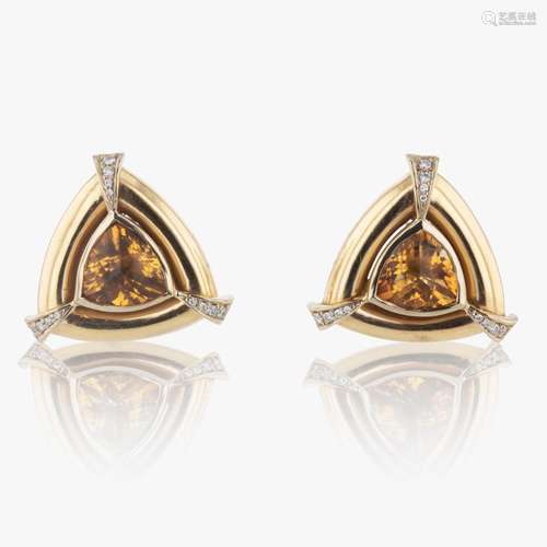 A Pair of Citrine, Diamond, and 18K Yellow Gold Earrings