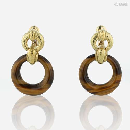 A Pair of David Webb Tiger`s Eye Earrings