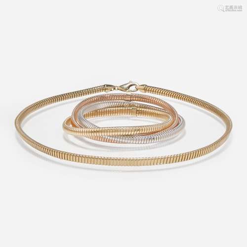 A Matching Set of 14K Gold Flexible Bracelet and Necklace