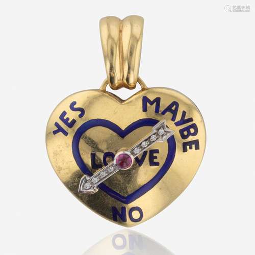 An 18K Yellow Gold, Diamond, and Ruby Heart Shape Pendant