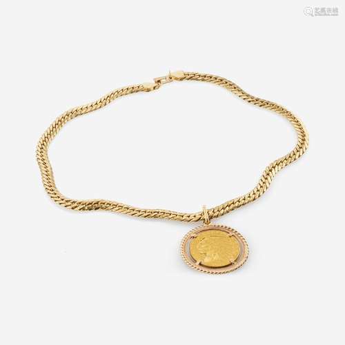 14K Yellow Gold Chain with Five Dollar 22K Gold Coin Pendant