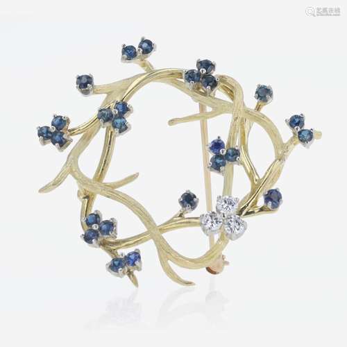 A 14K Yellow Gold, Diamond, and Sapphire Brooch