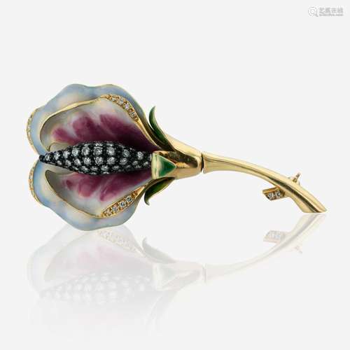 Diamond and Enamel Orchid Brooch