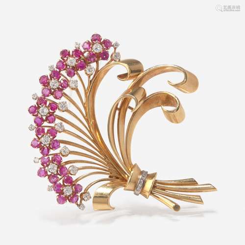 A Retro Ruby, Diamond, and 14K Yellow Gold Brooch