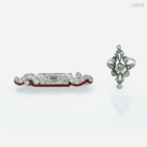 A Diamond, Enamel, and Platinum Brooch and Edwardian Diamond...