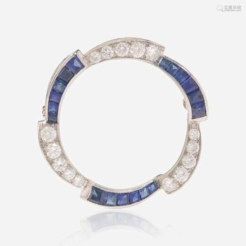 A Sapphire, Diamond, and 14K White Gold Brooch