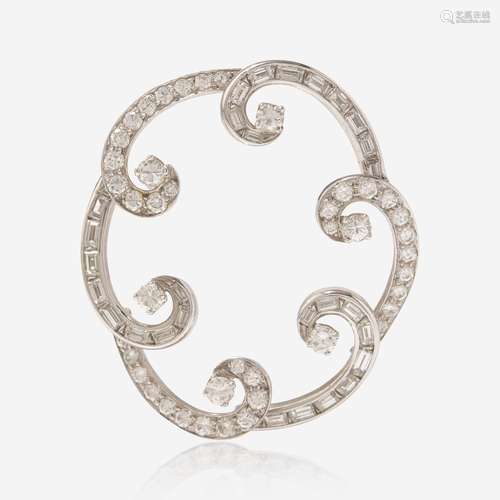 A Diamond and 14K White Gold Scalloped Brooch