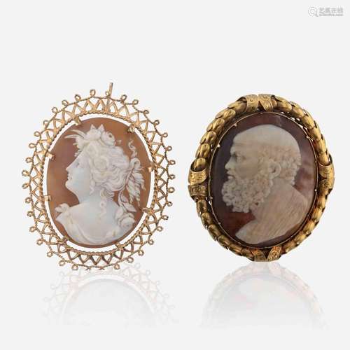 Set of Two Yellow Gold Cameo Brooches