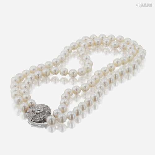 A Double-Strand Pearl Necklace with Diamond Clasp