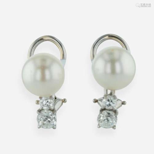 A Pair of Pearl, Diamond, and 14K White Gold Earrings