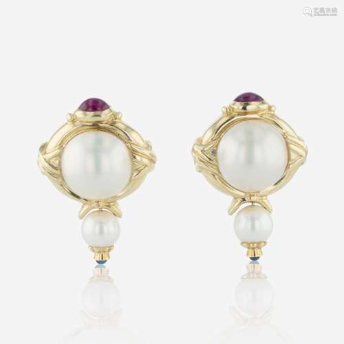 A Pair of Mabé Pearl, Cultured Pearl, Ruby, Sapphire, and 14...