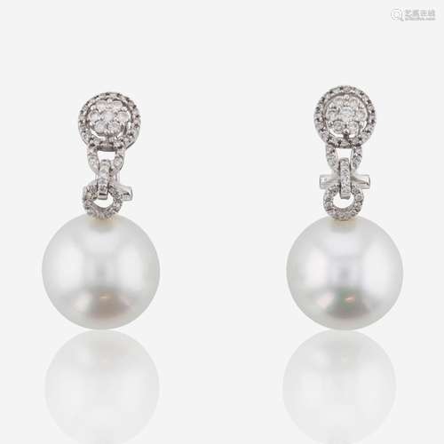 A Pair of 18K White Gold, Diamond, and Pearl Earrings