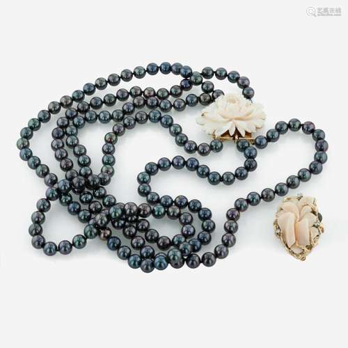 A Set of Coral, Black Pearl, and Diamond Jewelry