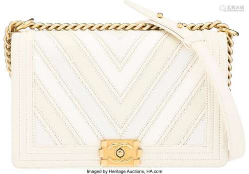 Chanel Off-White Chevron Mix Leather Medium Boy Bag Featurin...