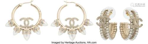 Chanel Set of Two: Light Gold Pearl Hoop Earrings Condition:...