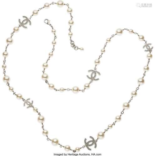 Chanel Faux Pearl and Crystal "CC" Logo Necklace C...