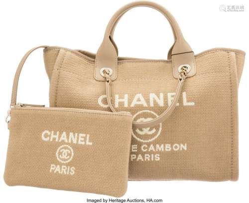 Chanel Beige Cotton Medium Deauville Tote Bag with Light Gol...